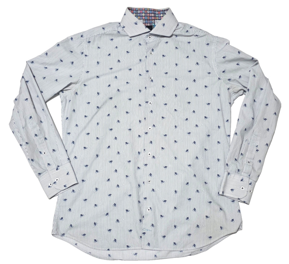 Carlos Nieto Men's Long Sleeve Button Up Dress Shirt Size L White Navy Bicycle S